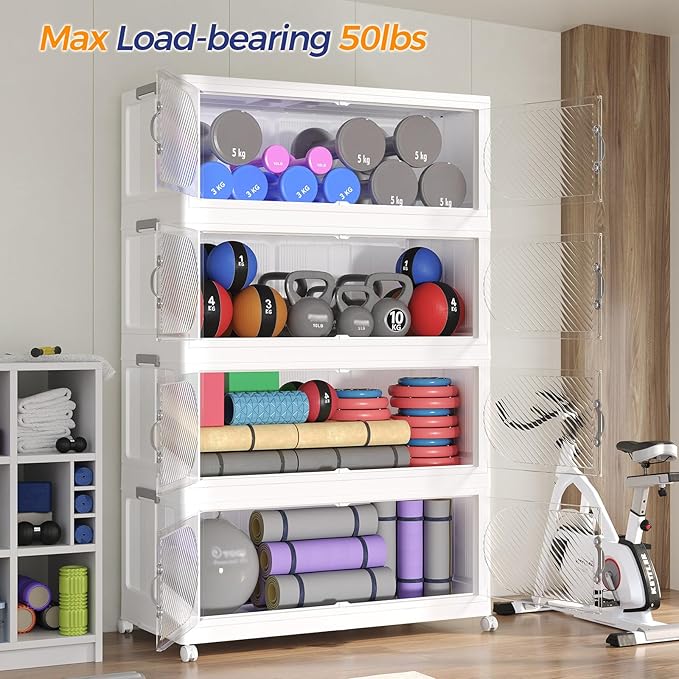 60Gal/240QT 4-Tiers Extra Large Stackable Storage Bins with Lid, Collapsible Cabinet Closet Organizer Plastic Container Box with Wheels Doors Drawers for Living Room Kitchen Office, White