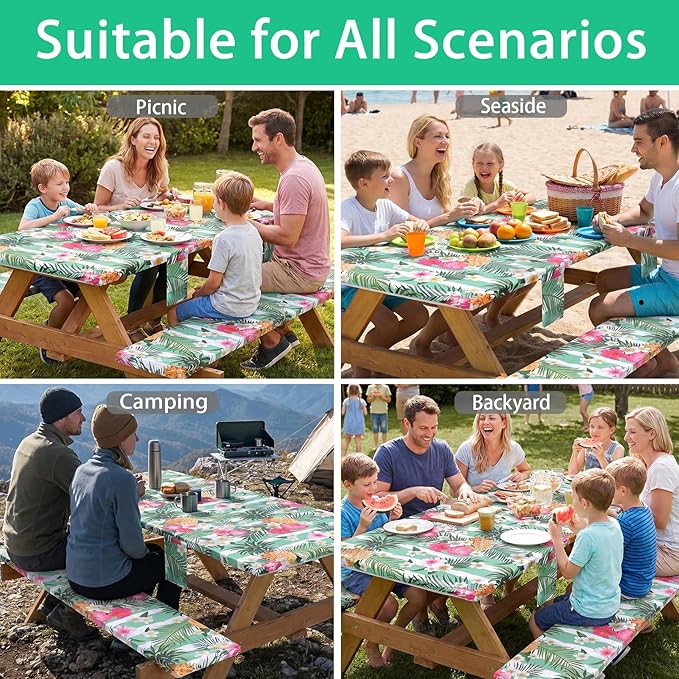 3 Piece Picnic Table Cover with Bench Covers Elastic Fitted Heavy Duty Camping Table Cloths for 8Ft Tables Camper Travel Trailer Must Haves Motorhome Garden Organization Moms Dads Kids Gift