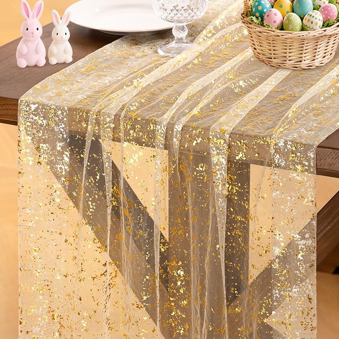 Socomi Gold Table Runner Gauze Tulle Sheer Glitter Metallic Foil Chiffon Cheesecloth Sequin 10FT Wedding Birthday Party Dining Anniversary Holiday Centerpiece Table Decor Beige 3pcs