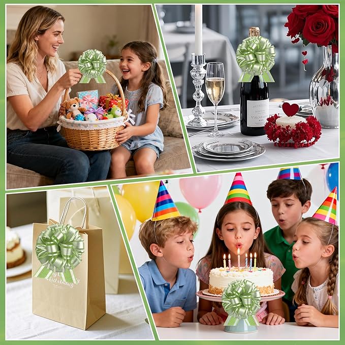 24pcs Light Green Pull Bow for Gift Basket Wrapping Xmas Gift Bows Presents Adhesive Wrap Ribbon Bow for Christmas Tree Bottles Bouquet Flower Valentine's Day Party Decor (Light Green-G)