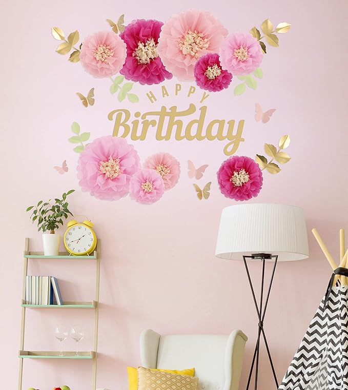 Fonder Mols Tissue Paper Chrysanth Flowers with Butterfly and Olive Leaves for Wedding Baby Shower Nursery Room Parties & Events Decorations Pom Poms (Pink)
