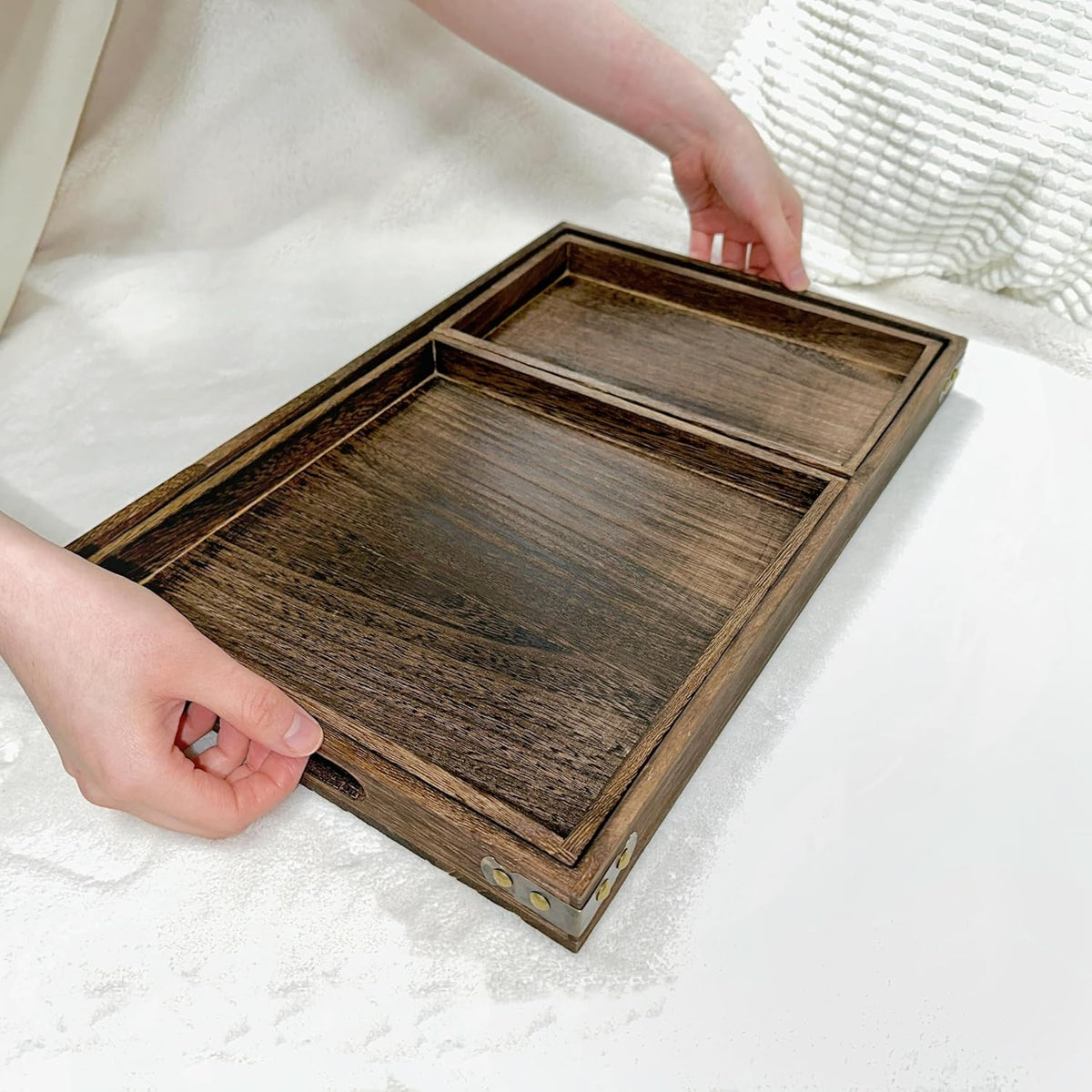 Rustic Wooden Serving Trays with Handle, Serving Platters, Charcuterie Board Set of 3 Nesting Food Trays for Serving Food