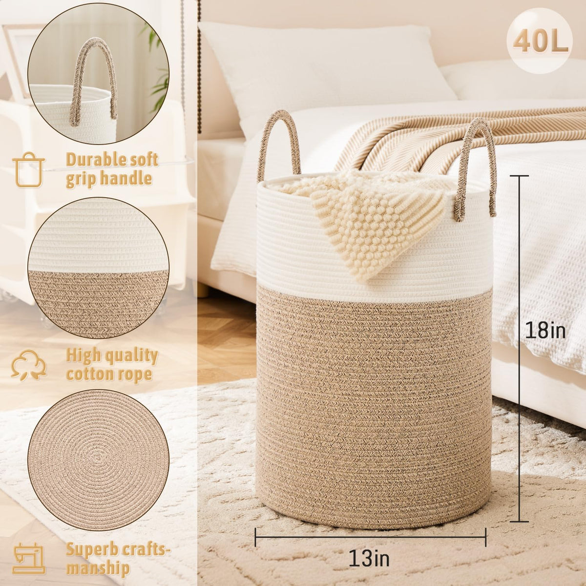 Laundry Basket,Woven Cotton Rope Laundry Hamper,40L for Decorative Storage of Dirty Clothes,Toys and Blankets in Bathroom,Baby Room and Living Room