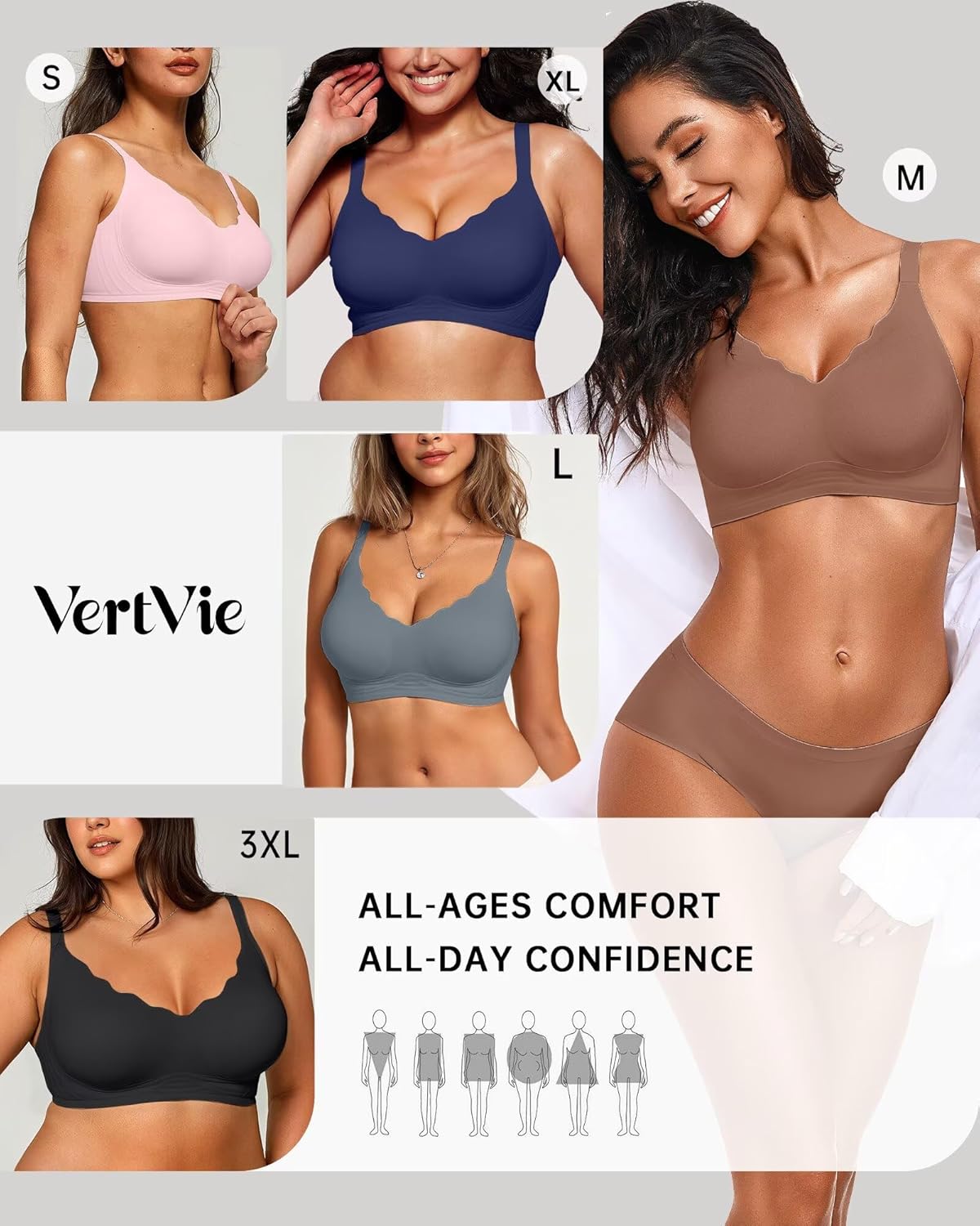 Vertvie Womens Seamless Bras No Underwire Supportive Wireless Push Up Full Coverage Bralette Comfort Scalloped T-Shirt Bra