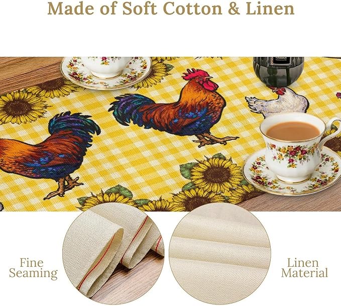 Farm Rooster Table Runner, Retro Western Farmhouse Chicken Sunflower Retro Yellow Buffalo Grid Print Table Runner for Dinning Holiday Party Indoor Outdoor Decor, 13x36inch