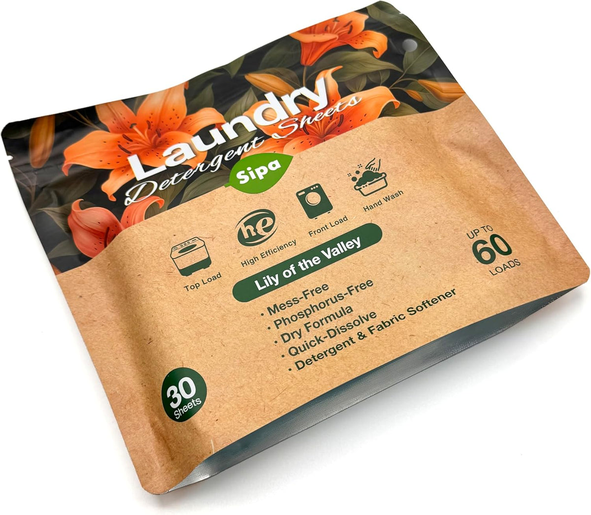 SIPA Laundry Detergent Sheets Bag - 30 Sheets, Up to 60 Loads, Lily of the Valley Scent, Phosphorus-Free, High Efficiency,Eco-Friendly (30 Count (Pack of 1))