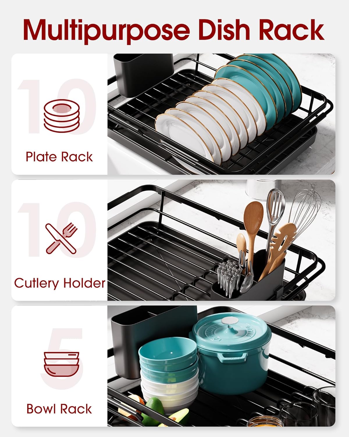 Stainless Steel Dish Drying Rack for Kitchen Counter, Sink Organization and Storage Essentials with Silverware & Utensil Holder, Home and Apartment Decor, 12" W x 15.8~23" L, Black