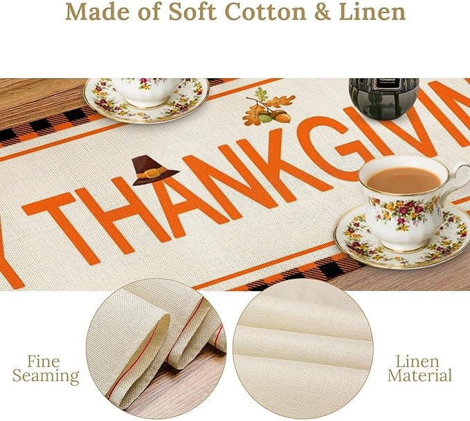 Happy Thanksgiving Table Runner, Autumn Pumpkin Maple Leaves Turkey Print Fall Harvest Holiday Kitchen Dining Table Decor for Indoor Outdoor Party, 13x60inch