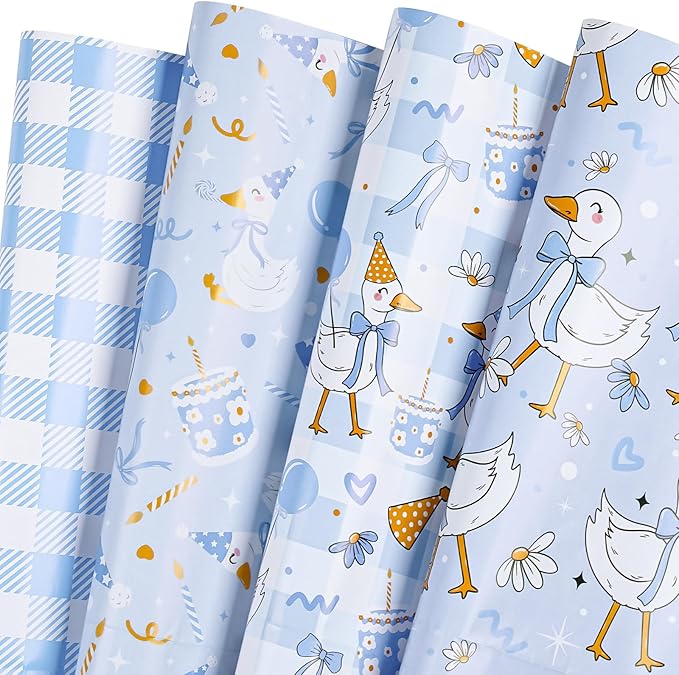 WRAPAHOLIC Silly Gooses Birthday Wrapping Paper Sheet - 8 Sheets Blue Party Goose Wrapping Paper Folded Flat for Boys Birthday, Baby Shower - 19.7 Inch x 27.5 Inch Per Sheet