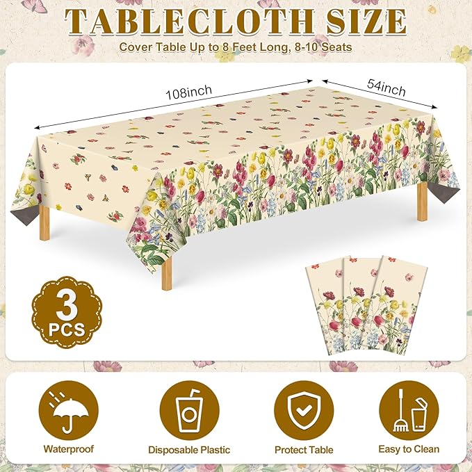 3 Pack Spring Floral Plastic Tablecloths, 54×108Inch Tea Party Tablecloth Rectangle Vintage Table Cloth Butterfly Wildflower Porcelain Table Decor for Garden Wedding Birthday Baby Bridal Shower