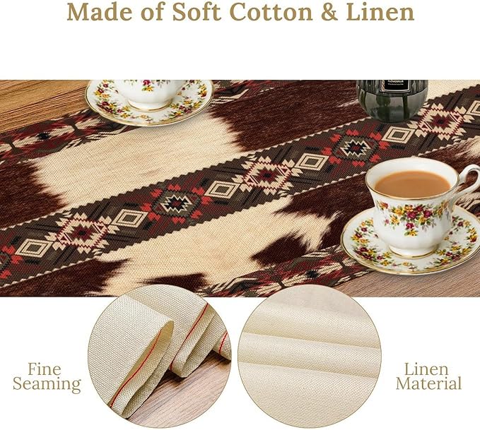 Cowhide Table Runner, Brown Cow Western Exotic Aztec Wild Animals Skin Table Runner for Kitchen Farmhouse Dining Home Outdoor Party 13x120in