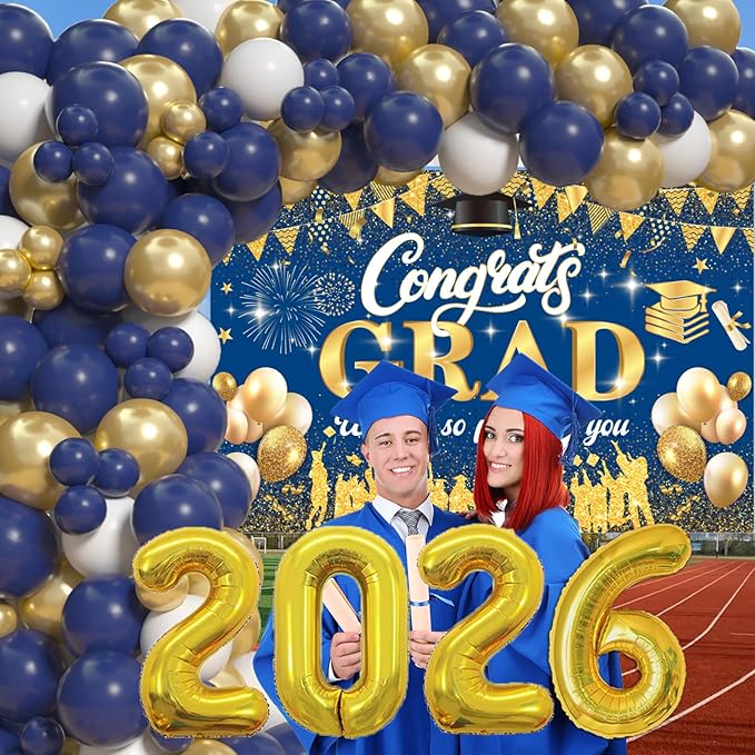 Blue And Gold 2026 Graduation Party Decorations - Graduation Balloon Arch Kit With Blue Gold Graduation Balloons, Congrats Grad Backdrop, 2026 Foil Balloons For High School Graduation Decorations