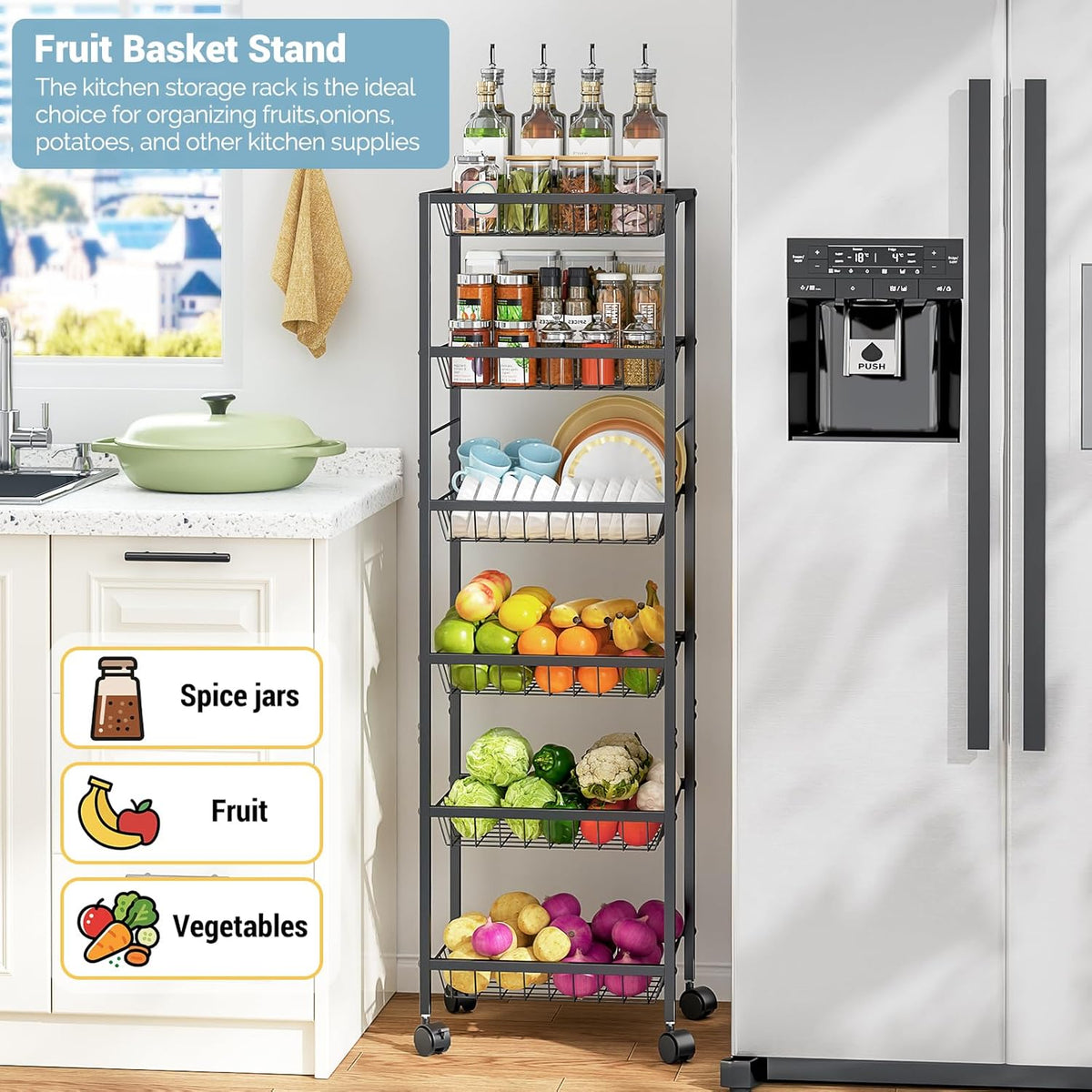 Fruit Vegetable Basket for Kitchen, 6 Tier Fruit and Vegetable Storage Cart, Metal Wire Storage Baskets with Wheels, Small Rolling Cart Organizer Rack for Pantry, Living Room, Bathroom