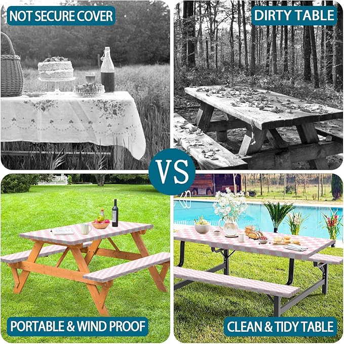 Picnic Table Cover with Bench Covers and Bag, Pink and White Checkered Gingham Buffalo Plaid Camping Tablecloth Cover Waterproof Windproof Elastic Edges Fitted Tablecloths for Outdoor 3PCS 30x72 Inch