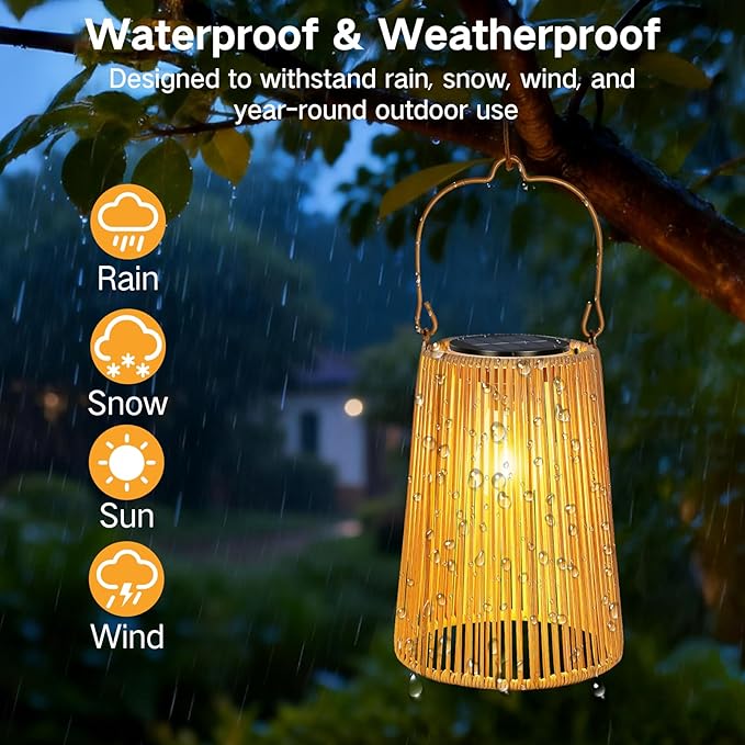 2 Pack Solar Lanterns, Outdoor Waterproof Hanging Rattan Woven Solar Lights with Auto On/Off, Decorative Gifts for Mom, Garden, Yard, Patio, Tree, Porch, Lawn, Pathway Outside Tabletop Decor