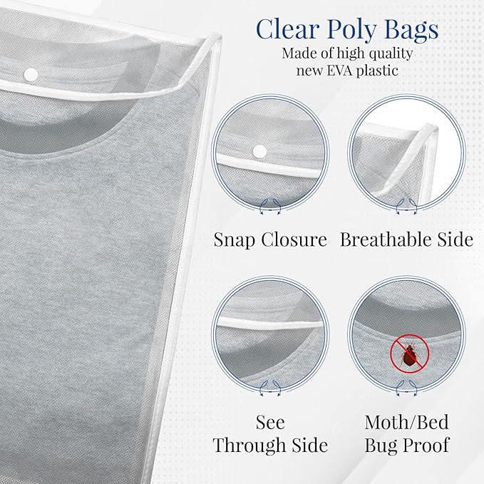 Breathable Cashmere Sweater Storage Bag, Convenient Snap With Flap Closure, Clear Window For Easy Identification, 14.5"x18.4", Pack Of 6, White