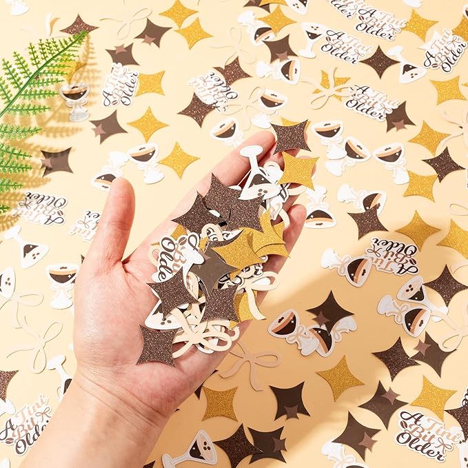 BeYumi Espresso Martini Table Confetti - 300Pcs A Tini Bit Older Table Confetti Decorations Brown Espresso Martini Bow Gold Star Paper Decor for Girl Birthday Bachelorette Bridal Shower Party Supplies