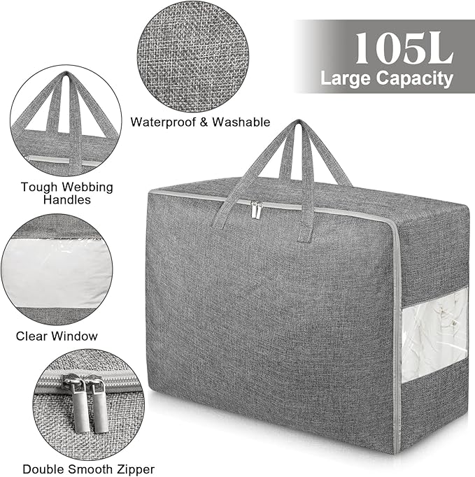 105L Extra Large Storage Bags, Folding Moving Comforter Blanket Storage Bags Closet Organizers and Storage Containers for Clothes with Strong Handles&Zippers Clear Window for Bedding Pillow Grey 4Pack