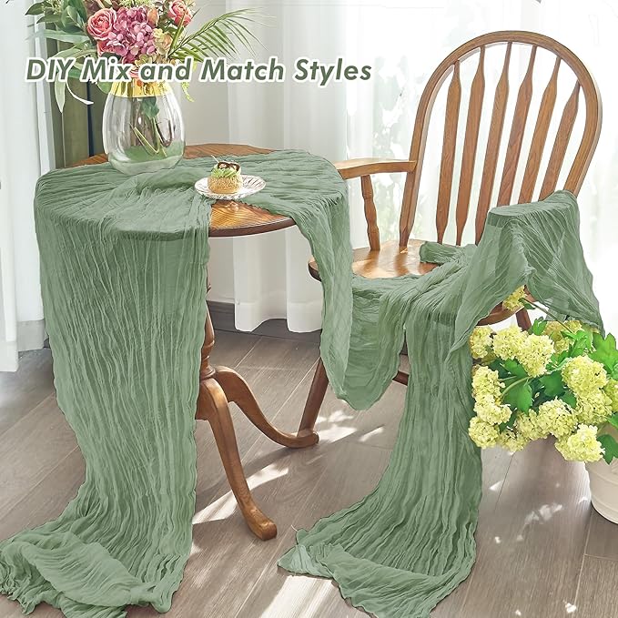 IVAPUPU 4 Pcs Cheesecloth Table Runner - 10ft Sage Green Spring Boho Gauze Cheese Cloth Table Runners for Baby Shower Decorations Wedding Party Garden Farmhouse