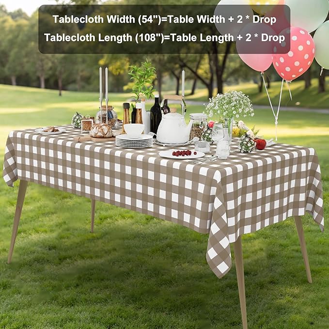 Smiry 10 Pack Khaki Gingham Disposable Tablecloths - 54" x 108" Heavy Duty Plastic Table Cloth, Waterproof Buffalo Plaid Table Covers for Picnic, Banquets, Outdoor Parties