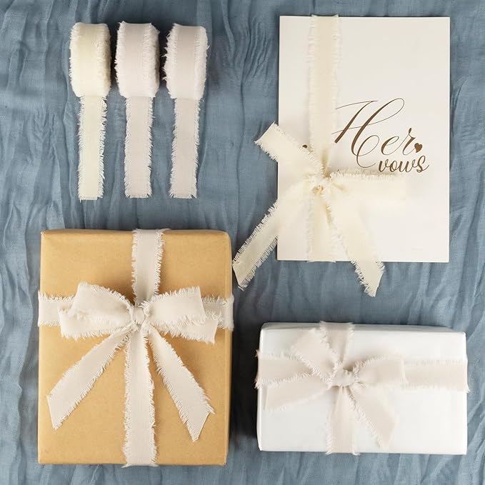 Beige Cotton Ribbon 5/8 Inch Beige 3 Rolls 21 Yards Frayed Edge Fabric Set for Rustic Wedding Decor, Bridal Bouquet Wrap, Farmhouse Decor, Wreath Making & Gift Wrapping