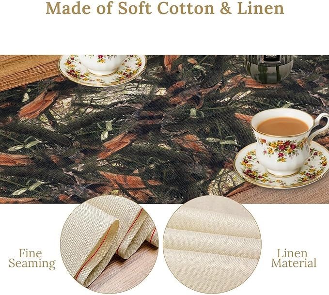 Camouflage Forest Trees Table Runner, Rustic Camouflage Hunting Camp Mossy and Oak Table Runner for Kitchen Dining Banquet Party 13x60in