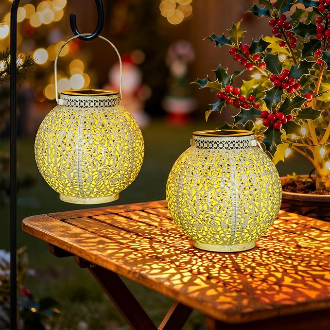 TAKE ME 2 Packs White Solar Lanterns Outdoor Waterproof Garden Laterns Metal Retro Lights for Mothers Gifts Mom Wife Grandma Birthday Gifts (White Set of 2)