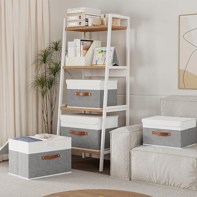 Yawinhe Storage Boxes with Lids, Linen Fabric Bin, Cube Organizer Basket, Washable and Leather Handle, for Home, Closet, White/Grey, 15.0''Lx9.8''Wx9.8''H, 1-Pack, USNK024WGL-1