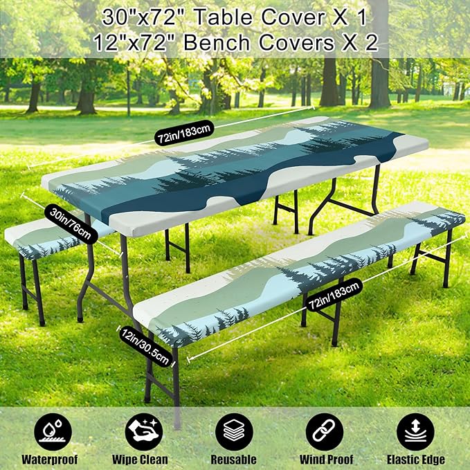 Smiry Picnic Table Cover with Bench Covers, Waterproof Elastic Fitted Tablecloth for 6 Foot Tables, Washable Polyester Tablecloths for Camping, Indoor & Outdoor (Green Blue, 30x72 Inch 3-pc Set)