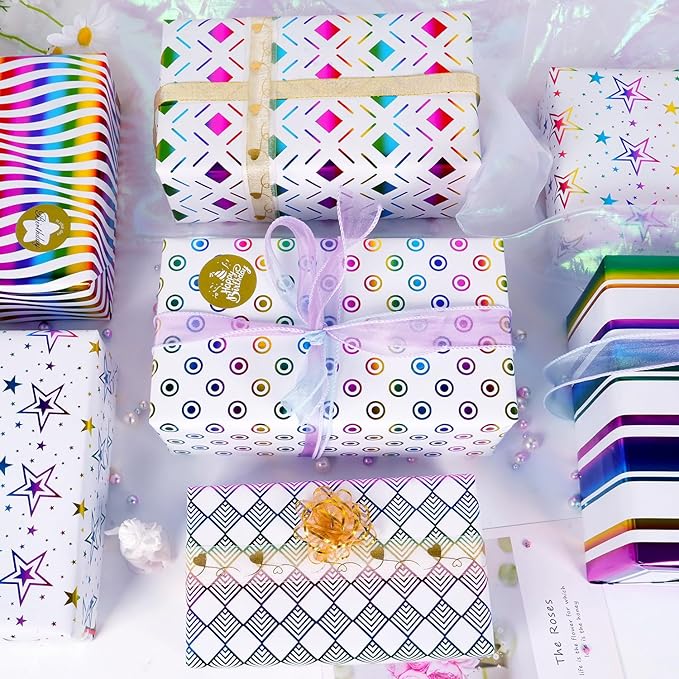 RUIFUN Gift Wrapping Paper, 6 Sheets Metallic Foil Birthday Wrapping Paper with Ribbon, Colorful Shiny Foil Gift Wrap Paper for Girls Women Birthday Christmas Wedding, 20 x 28 Inch