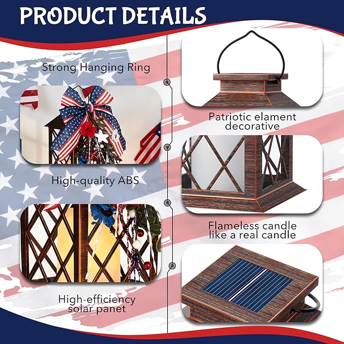 Patriotic Solar Lanterns Outdoor, Waterproof Garden Hanging Lanterns, 13" Patriotic Decorations Outdoor Lantern with Led Flameless Candles, 4th of July Lantern for Porch, Yard, Patio Decor