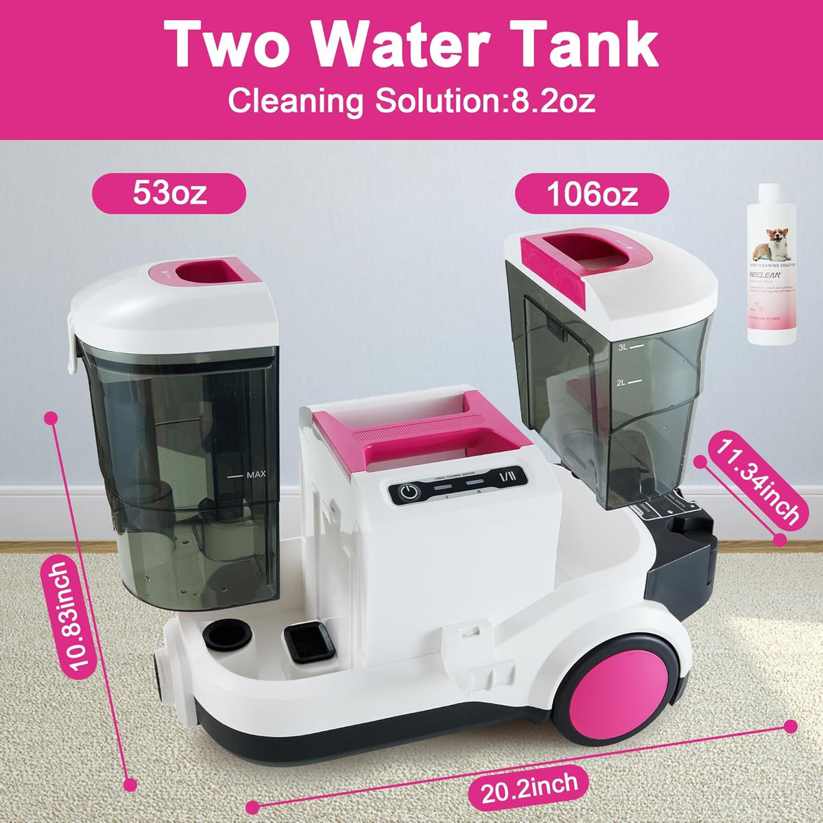 WECLEAN Carpet Cleaner Machine and Stain Remover for Deep Cleaning Upholstery for Carpets Rugs and Fabric Seats,800W 18Kpa，3L Clean Tank and 1.5L Dity Tank, Pink