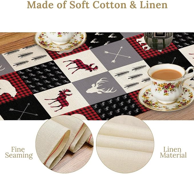 Farmhouse Bear Deer Table Runner, Retro Rustic Village Buffalo Plaid Table Runner for Coffee Table Dining Room Table Bedroom Party Holiday 13x36in
