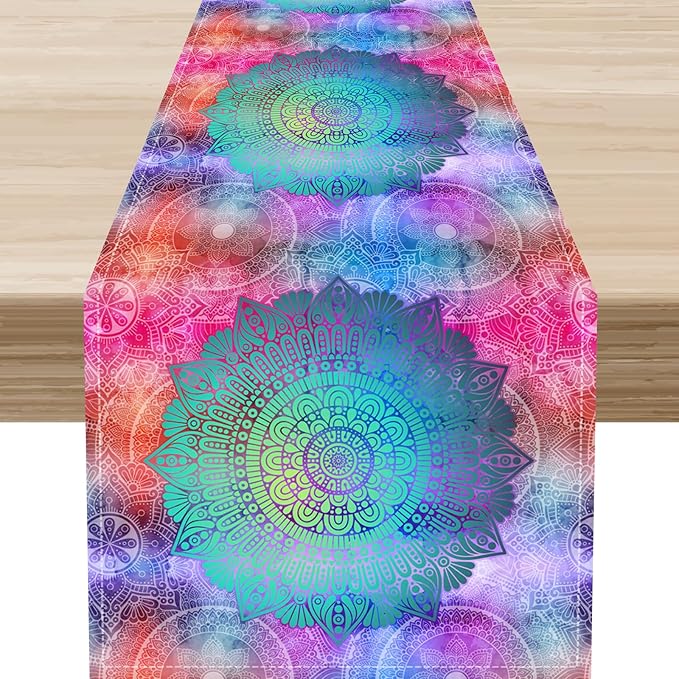 Bohemian Flroal Table Runner, Vintage Colorful Pink Boho Geometric Mandala Flower Paisley Rustic Coffee Table Center Decor for Family Kitchen and Living Room Outdoor Table Decorations, 13"x72"