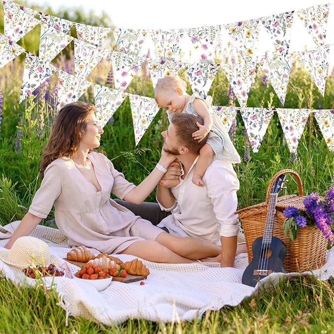 5 Pieces Wildflower Baby Shower Decorations Spring Wildflower Garland Paper Pennant Wedding Garland Triangle Banner for Wedding Bridal Shower Outdoor Decoration