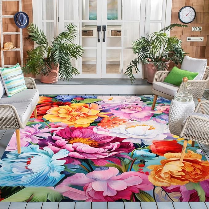 Floral Outdoor Rug Vibrant Waterproof Non Slip Patio Rugs for Balcony Garden Camping Poolside 2x6 Machine Washable Porch Deck Flower Print Outside Carpet Vintage Bathmat Orange Pink