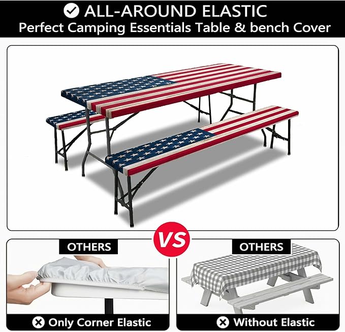 American Flag Picnic Table Cover with Bench Covers, Waterproof Windproof Oilproof, Camping Essentials, Fitted Tablecloth Cover with Elastic Edge, for Indoor & Outdoor, Garden, 3 Pieces Set, 30x96 Inch