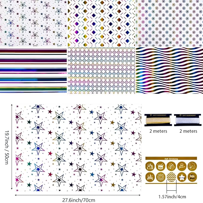 RUIFUN Gift Wrapping Paper, 6 Sheets Metallic Foil Birthday Wrapping Paper with Ribbon, Colorful Shiny Foil Gift Wrap Paper for Girls Women Birthday Christmas Wedding, 20 x 28 Inch