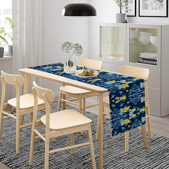 Lemon Fruit Table Runner Nature Bow Farmhouse Talavera Ethnic Folk Rustic Birds Aesthetic Dining Table Decoration for Home Holiday Party Dresser Kitchen Cabin Restaurant Wedding Decor 13×70in