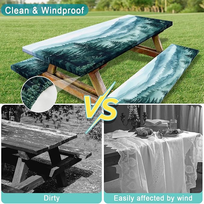 JAWO Green Forest Picnic Table Cover - Fitted Tablecloth with Elastic Edge,Camping Design for Outdoor Camping, BBQ Decor, 72x30 Inch
