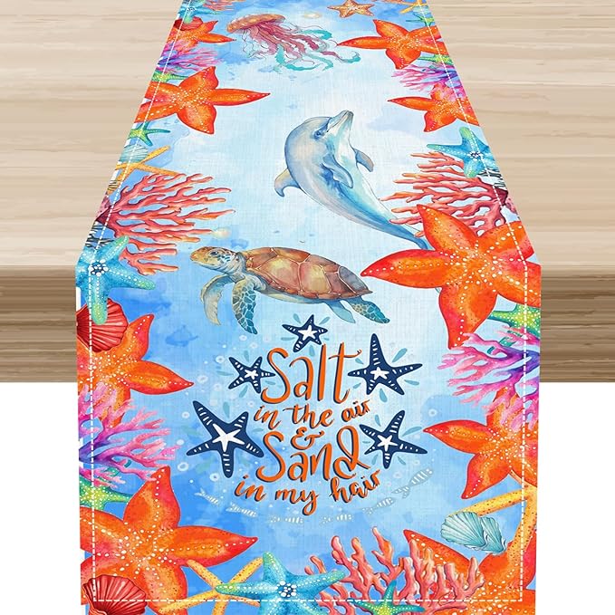 Summer Ocean Table Runner, Blue Sea Coastal Nautical Starfish Turtle Dolphin Seashell Undersea Table Runner Seasonal Holiday Home Kitchen Dining Table for Home Party Decor 13"x36"