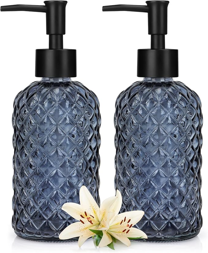 13.5Oz Gem Design Soap Dispenser with Plastic Pump, Refillable Glass Soap Dispenser for Hand Soap, Dish Soap, Lotion (Blue Grey)