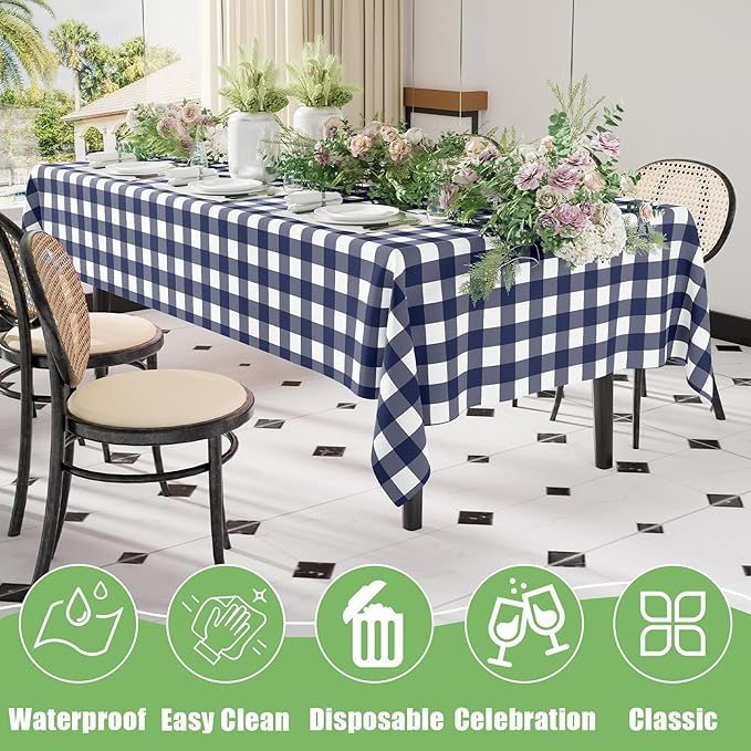Smiry 10 Pack Navy Gingham Disposable Tablecloths - 54" x 108" Heavy Duty Plastic Table Cloth, Waterproof Buffalo Plaid Table Covers for Picnic, Banquets, Outdoor Parties