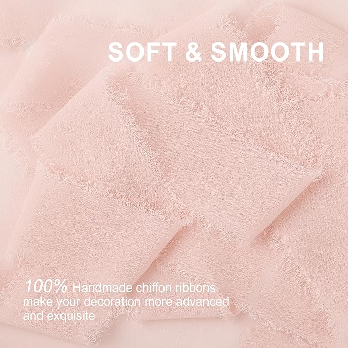 Blush Pink Chiffon Ribbon 1.5" x 21 Yd Handmade Fringe Silk Chiffon Fabric Ribbon for Gift Wrapping Wedding Invitation Bridal Flower Bouquet DIY Crafts Home Decor