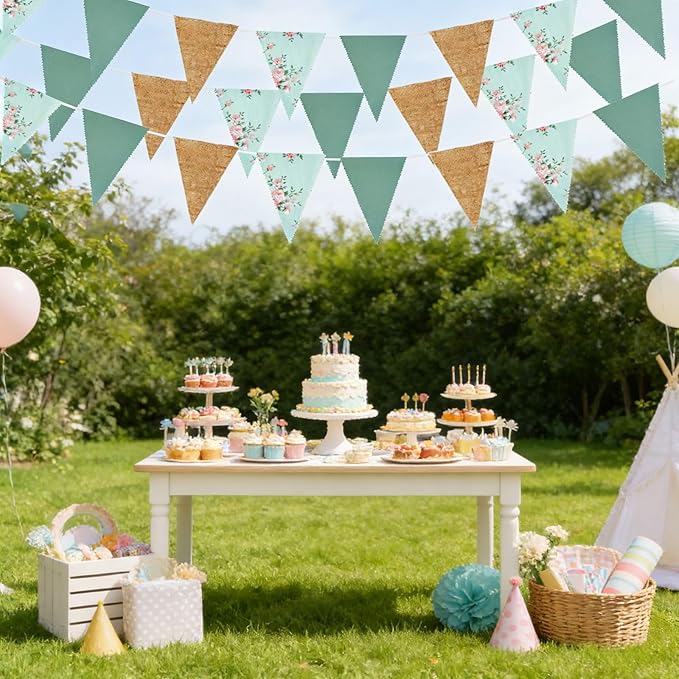 Zwiebeco 39Ft Sage Green Floral Fabric Pennant Banner Vintage Burlap Triangle Flag Retro Flower Bunting Party Decoration for Birthday Engagement Wedding Bridal Baby Shower Rustic Village Garden Decor