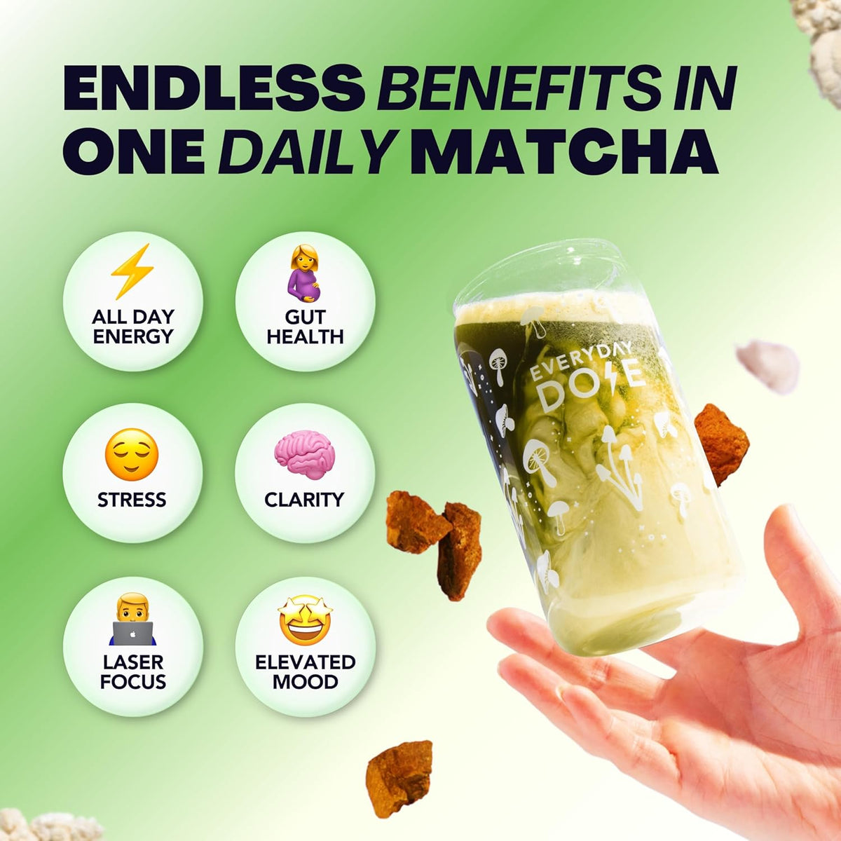 Everyday Dose Mushroom Matcha+ Ceremonial Grade Matcha Powder - Japanese Tea With Grass-Fed Collagen, Lion's Mane, Chaga, L-Theanine