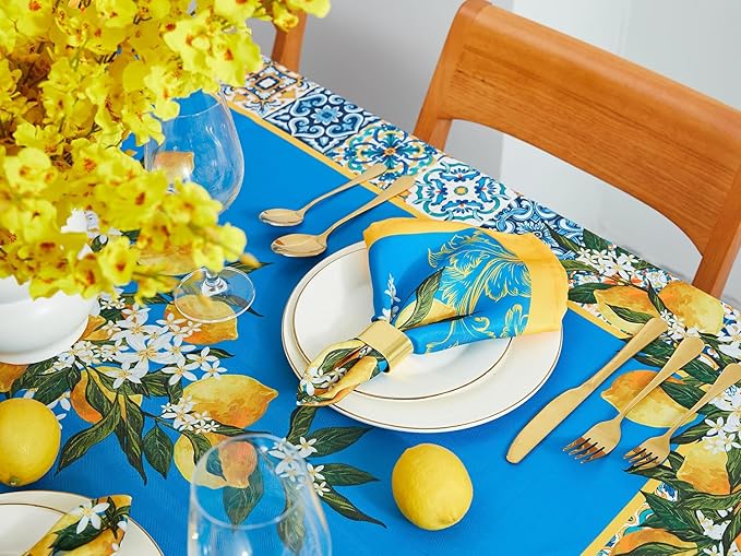 YiHomer Provence Blue Lemon Mediterranean Tile Tabletop for Spring Summer Decorations, Picnics and Dinner Parties - Indoor Outdoor, Stain and Water Resistant, Tablecloth, 60 x 140 Rectangle