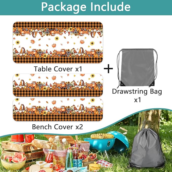 Fall Picnic Table Cover with Bench Covers, Camping Essentials, Thanksgiving Buffalo Plaid Floral Waterproof Windproof, Fitted Tablecloth Cover with Elastic Edge, Indoor & Outdoor, 3 PCS, 30x96 Inch