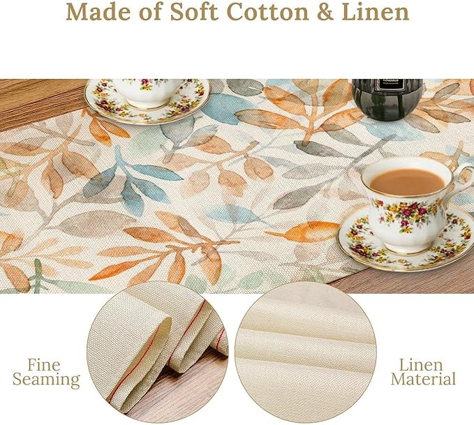 Fall Eucalyptus Leaf Table Runner, Autumn Orange Blue Leaves Harvest Thanksgiving Table Runner for Holiday Dining Room Kitchen Table Party Decoration, 13x36inch