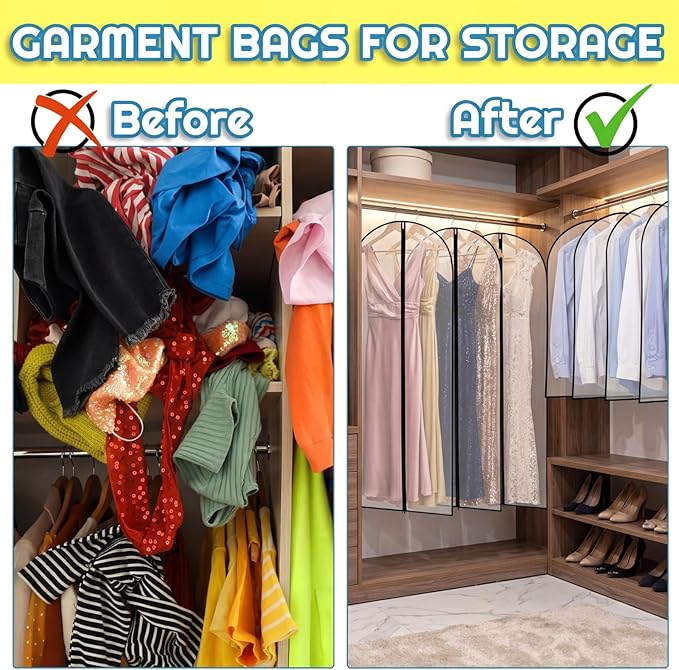 Amylove 20 Pcs 24 x 72 Inch Garment Bags Bulk Hanging Clothes Storage Covers for Closet Organization Dustproof Transparent Dress Suit Bag Set for Wedding Dresses Long Gowns Coats Seasonal Wardrobe